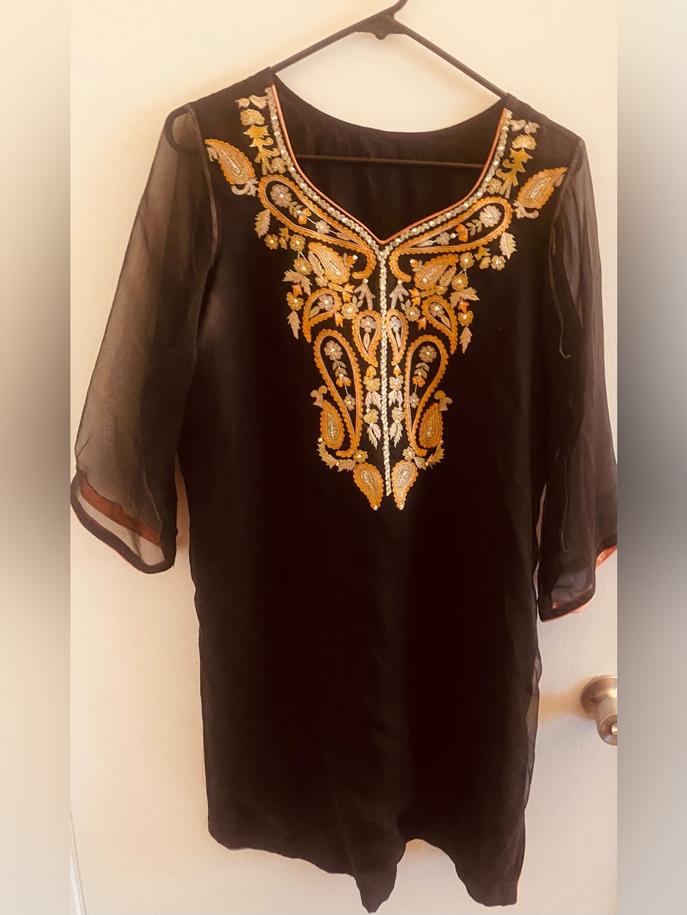 Black Embroidered V-Neck Tunic Top with Gold Detailing